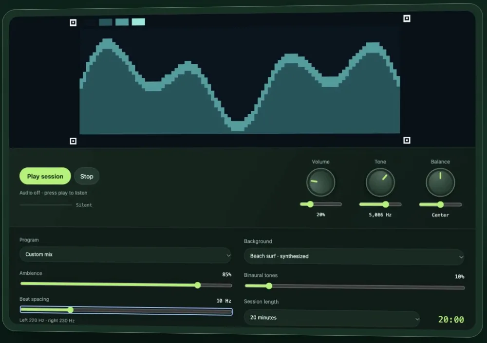 The Rayline player: a waveform display, Play session button, volume, tone and balance knobs, and sliders for ambience, beat spacing, binaural tones and a 20 minute session.